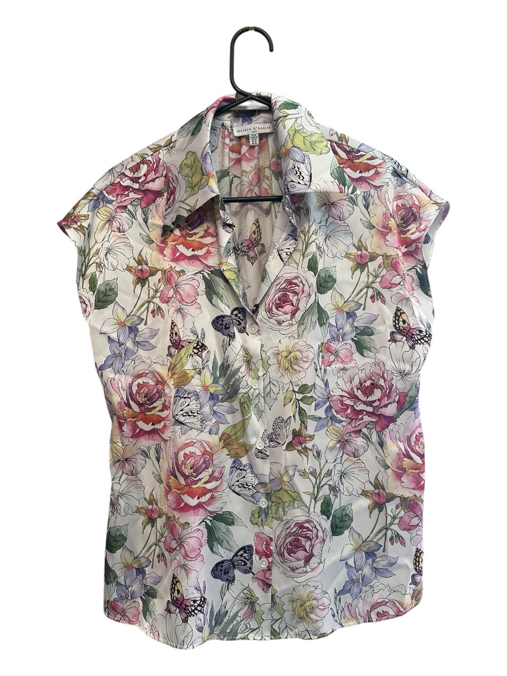 Maison D’Amelie Floral Button-Front Cap-Sleeve Blouse - White/Pink Size Medium